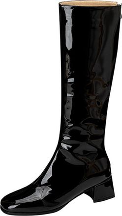 Generic Womens Patent Leather Long Boots Square Toe Mid Block Heel Knee High Boots for Autumn & Winter Streetwear & Casual Outing Glossy Material,Black,6.5 UK