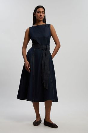 Karen Millen Womens Denim Belted Full Skirt Tailored Dress - Indigo Blue - Size 10 UK