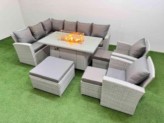 Fimous Rattan Corner Sofa Chair Set Gas Fire Pit Table with Temper Glass 3 Footstools Light Grey Mixed