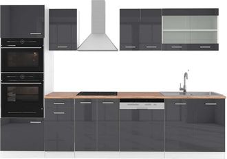 Vicco Mueble De Cocina R-line, Antracita Brillo Intenso/blanco, 300 Cm Con Armario Alto, Et Roble
