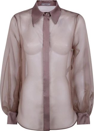 D.exterior Sheer Organza Button-Up Shirt with Satin Trim - Dames - Overhemden - Bruin - L - Organza - Overhemden