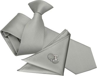 DQT Solid Check Formal Business Officers Wedding Modern Style Easy to Wear Clip on Tie, Pocket Square & Cufflinks Set for Men in Silver