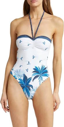 Farm Rio Womens Dream Sky Halter One-Piece Swimsuit In White