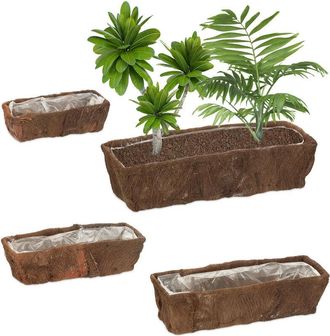 Relaxdays Relaxdays - Set of 4 Flowerpots, Coconut Fibre, Square, 4 Sizes, Garden, Balcony & Windowsill, Planter with Foil, Natural