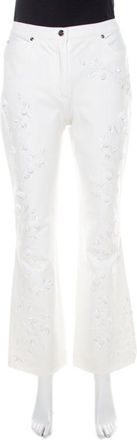 Escada White Cotton Denim Sequined Rosette Applique Flared Jeans