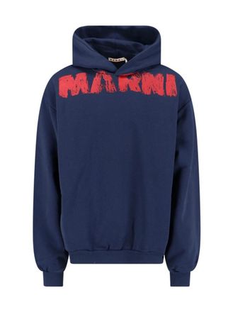 Marni Navy Blue Hoodie With Distressed Graphic Text