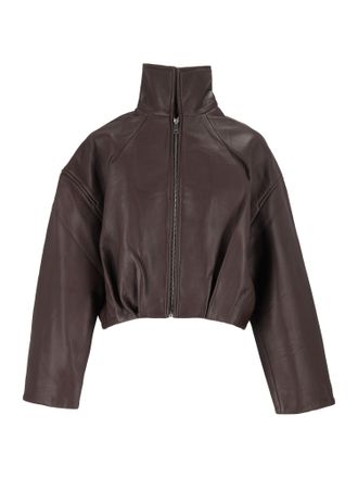 Rotate Brown Mol Cropped Stand Collar Leather Jacket