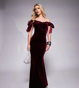 Ever New Petite bow draped velvet maxi dress in oxblood-Red