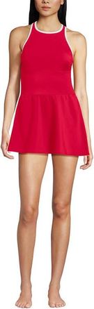 Lands End Chlorine Resistant Tugless High Neck Swim Dress One Piece Swimsuit in Strawberry/white at Nordstrom, Size 14