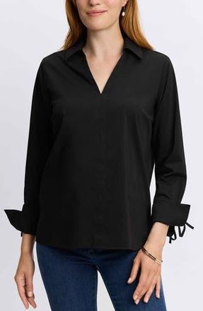 Foxcroft Carla Tie Cuff Cotton Blend Popover Top in Black at Nordstrom Rack, Size X-Large