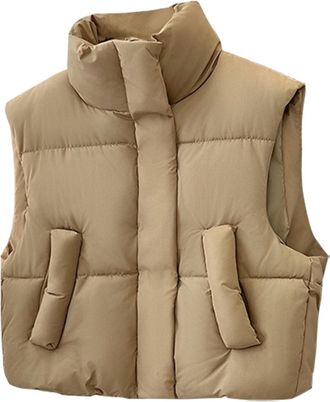 Generic Cropped Puffer Vest for Women Uk - Lightweight Zip Up Stand Collar Gilets, Cotton Winter Warm, Sleeveless Padded Quilted Waistcoat, Short Jacket, Pock