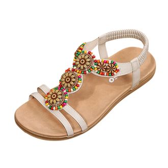 Generic Cocila Womens Sandals WomenS Summer Non Solid Color Flat Beach Open Toe Breathable Shoes Beige, 5 Spanish Size 7 Court Beaded For Women Black And Gold