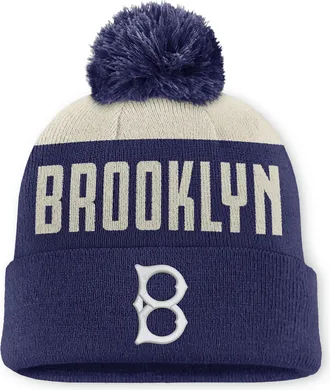 Nike Brooklyn Dodgers Cooperstown Peak Nike Mens MLB Cuffed Pom Beanie in White | NB1608WUKB-5JZ