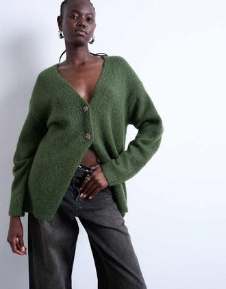 Topshop Cardigan boyfriend oversize taglio lungo in maglia color kaki-Verde