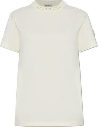 Moncler T-shirt met decoratieve halslijn - Dames - T-shirts - Beige - M - Katoen - Tops