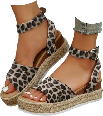 Generic Womens Platform Espadrilles Summer Open Toe Buckle Ankle Strap Beach Sandal Casual Comfortable Faux Leather Dressy Elegant Flats Sandals with Arch Sup