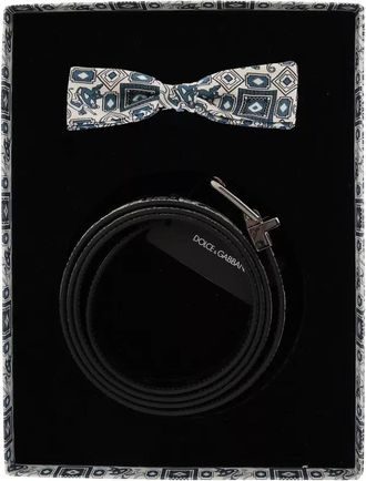 Dolce & Gabbana Mens Geometric Bow Tie & Belt Set - Black Leather - One Size