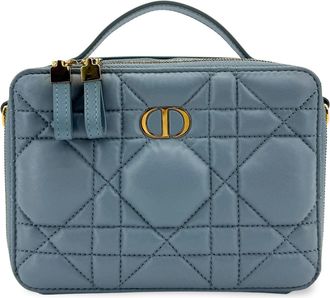 Dior Caro Box Bag With Chain Macrocannage Quilt Calfskin Blue Leather Handbag (Pre-Owned)