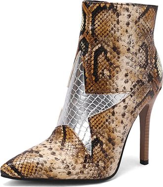 Generic Womens Pointed Toe Stiletto Heel Ankle Boots with Buckle and Zipper Design Patent Leather High Heel Booties for Office & Evening Wear,BrownSnake,6.5 U