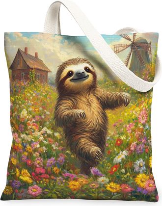 Generic Spring Sloth Canvas Tote Bag for Shopping 13x15, Country Garden Animal Reusable Grocery Print Pattern Bag for Women, Fun Flower Farm Beach Aesthetic P