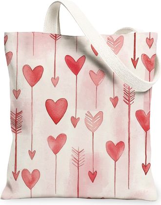 Generic Heart Pattern Canvas Tote Bags, Romantic Floral Design Reusable Shopping Bags, Lightweight Washable Shoulder Strap Canvas for Gym Travel Beach Picnic 