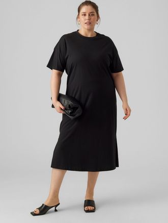 Vero Moda Curve Jerseykleid VERO MODA CURVE VMCMOLLY SS OVERSIZE CALF DRESS NOOS CUR, Damen, Gr. L, N-Gr, schwarz, Jersey, Obermaterial: 100% Baumwolle, unifarben, ov