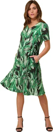 Roaman's Plus Size Stretch Knit Pocket Swing Dress in Green Palm Leaves at Nordstrom, Size 24