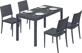 OUTSUNNY Conjunto De Mesa Y Sillas Jard&iacute;n De 5 Piezas, Con Mesa De Tablero Ranurado, 4 Sillas Apilables, Marco Met&aacute;lico, Para Patio, Gris Oscuro