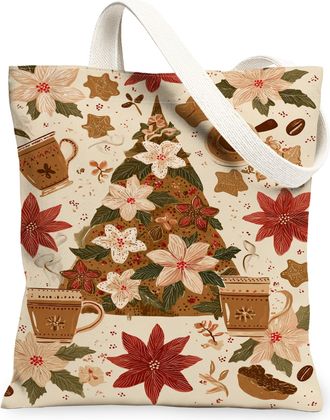 Generic Christmas Floral Canvas Tote Bags, Holiday Flower Pattern Reusable Bags, Vintage Linen Lightweight Washable Shoulder Strap, Cream, 13x15 Inch