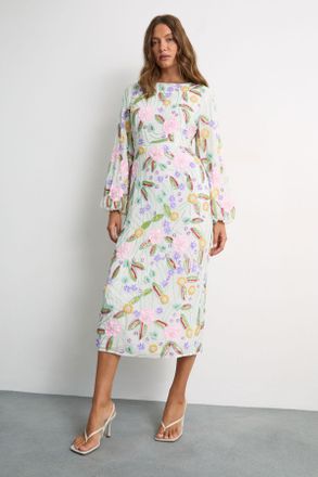 Warehouse Womens Embellished Long Sleeve Midi Dress - Multicolour - Size 14 UK