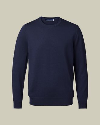 CHARLES TYRWHITT Merino Crew Neck Jumper - Navy Size Large by Charles Tyrwhitt