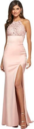Sherri Hill Lace Halter Satin Gown In Blush