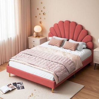 OEM Cama Doble 140x200 - Cabecera P&eacute;talo Terciopelo Rojo - Estructura De Madera - Patas Doradas