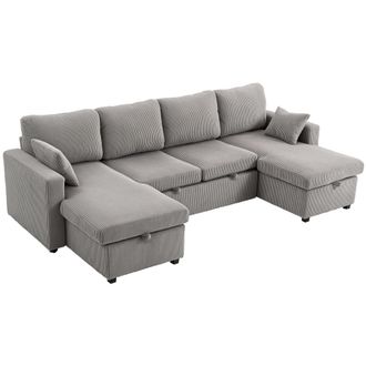 Mauro Ferretti Divano Letto Moderno A U Con 2 Chaise Longue E Vani Contenitore, Velluto A Coste, 282x140x86 Cm, Grigio