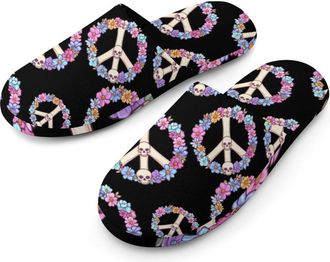 Generic Flower Skull Peace Sign Flannel Mens Slip-on Slippers Winter Warm House Shoes with Rubber Sole for Home Hotel