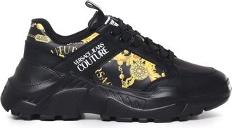 Versace Jeans Couture Barok Detail Zwart Leren Platte Schoenen - Heren - Sneakers - Zwart - 41 EU - Leer - Schoenen
