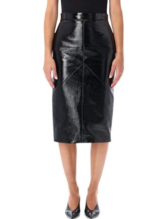 Lanvin Glossy Vinyl Midi Skirt with Geometric Cutouts and Rear Slit