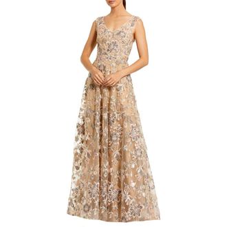 Mac Duggal Floral Embroidered Sleeveless V Neck Gown in Taupe at Nordstrom, Size 10