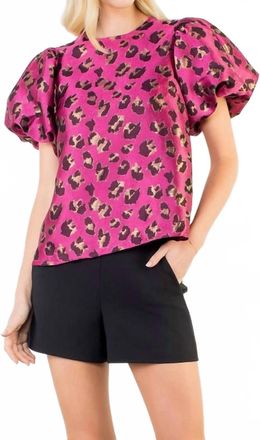 THML Clothing Puff Sleeve Leopard Print Top In Pink/black