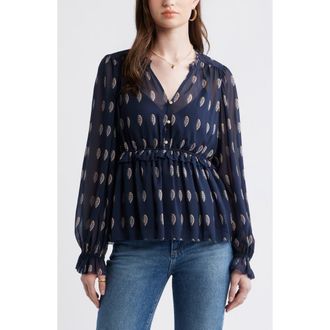 Treasure & Bond Long Sleeve Chiffon Peplum Top in Navy Mini Foulard at Nordstrom, Size Xx-Small
