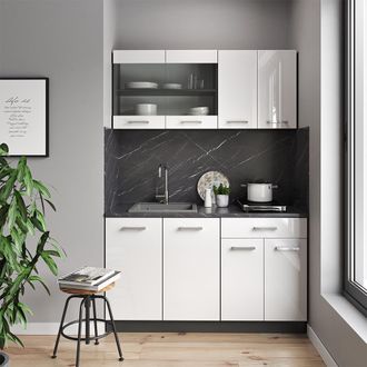 Vicco Cocina Para Solteros R-line, Blanco Brillo/antracita, 140 Cm Sin Encimera