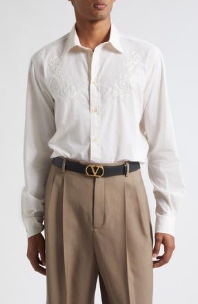 Valentino Floral Embroidered Cotton Button-Up Shirt in White at Nordstrom, Size 42