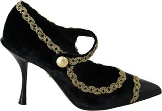 Dolce & Gabbana Zwarte Versierde Velvet Mary Jane Pumps - Dames - Pumps - Zwart - 36 1/2 EU - Katoen - Schoenen