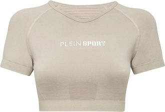 Plein Sport Seamless Cropped T-shirt V-Neck - Dames - Sportshirts - Grijs - L - Leer - Fitness