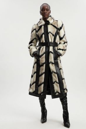 Karen Millen Womens Panelled Stripe Faux Fur Pu Belted Long Coat - Monochrome Multi - Size 14 UK