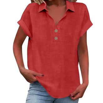 Generic t Shirts for Women UK, Ladies Tops 2026 Womens Summer Cotton Linen Cap Sleeve T-Shirt Button V Neck Tunic Top Fashion Baggy Solid Plain Casual Shirts 