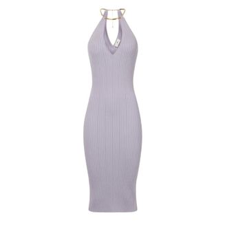 Elisabetta Franchi Knitted Dresses, female, Purple, Size: S Ring V-neck Midi Dress