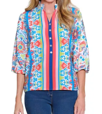 Multiples Coastal Mosaic Puff Sleeve Top In Multi