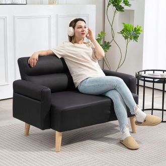 HOMCOM 2 Seater Sofa Settee, Modern Faux Leather Couch with Wood Legs in Black