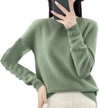 Generic Women Solid Merino Wool Knitted Sweater Fall Winter O-Neck Seamless Pullover Jumper Warm Long Sleeves Pullover Turquoise